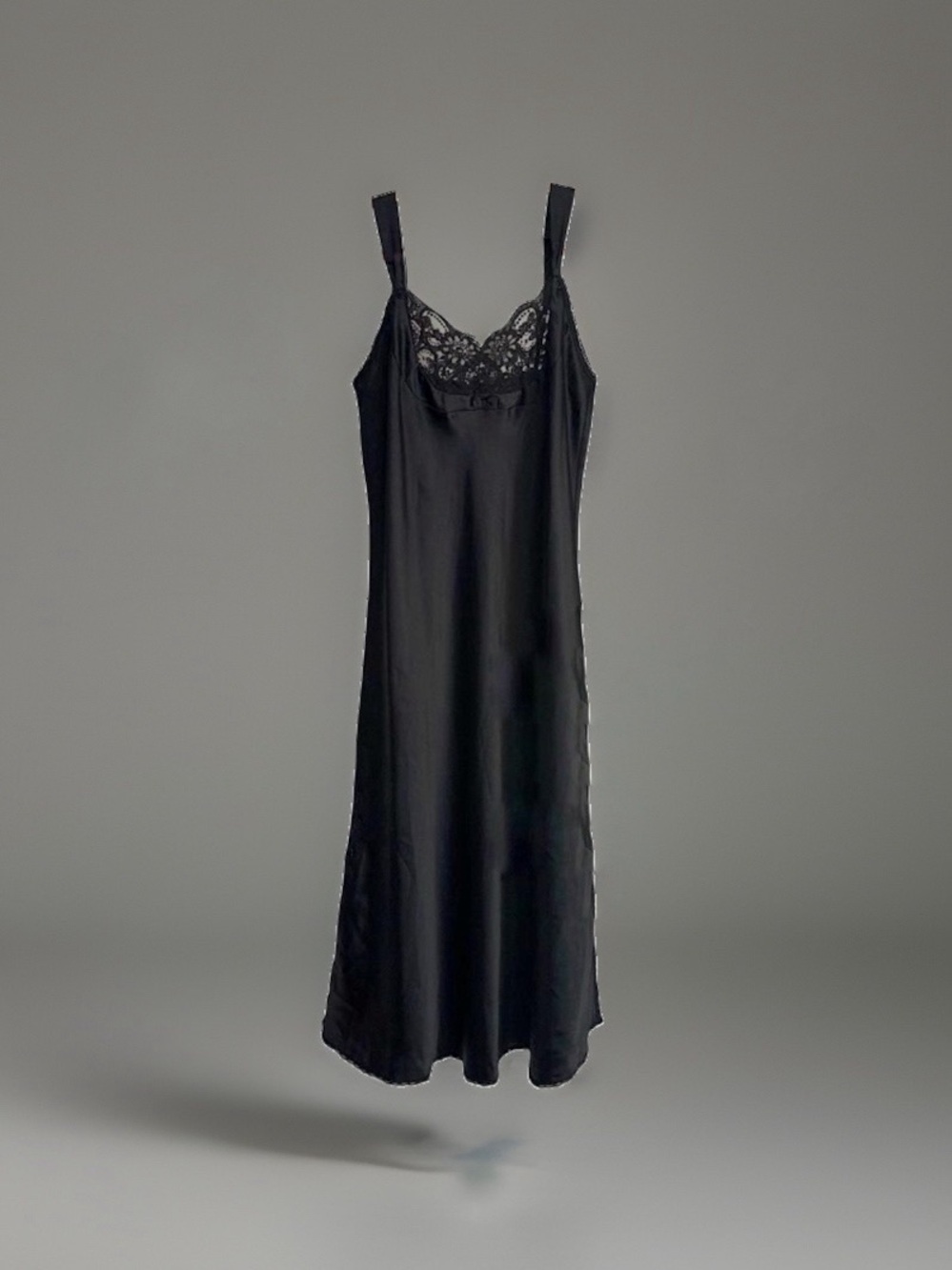 Lace Satin Black Slip Dress Silky Midi Nightgown Women's Large Whimsy Romance